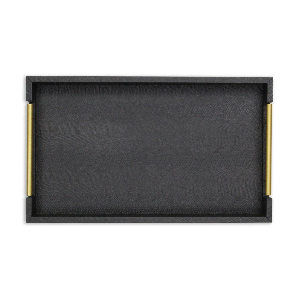 16" Black Wood Faux Shagreen Serving Tray With Handles