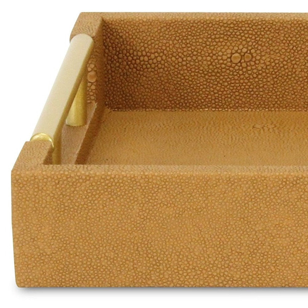 16" Camel Brown Wood Faux Shagreen Serving Tray With Handles