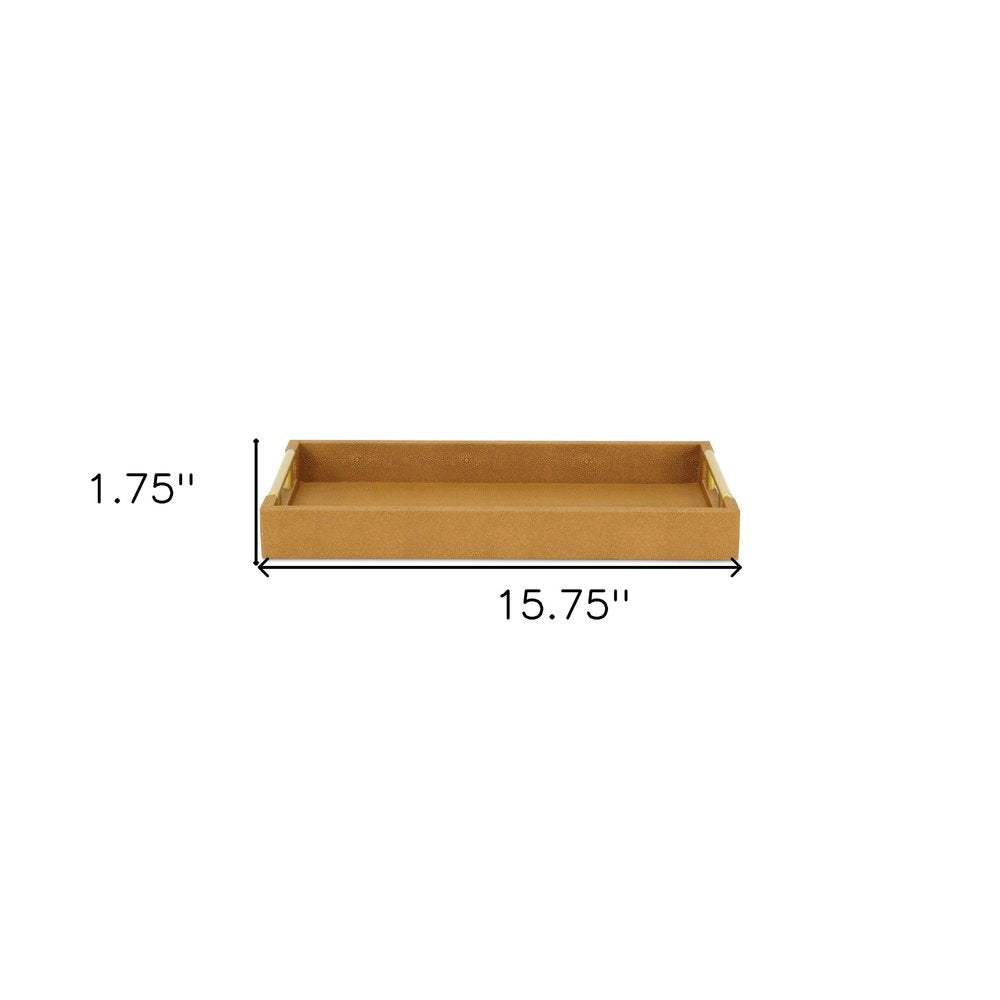 16" Camel Brown Wood Faux Shagreen Serving Tray With Handles