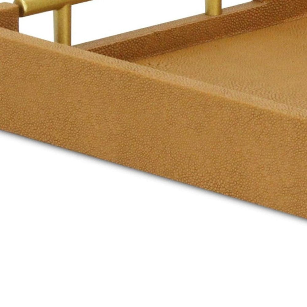 16" Camel Brown Wood Faux Shagreen Serving Tray With Handles
