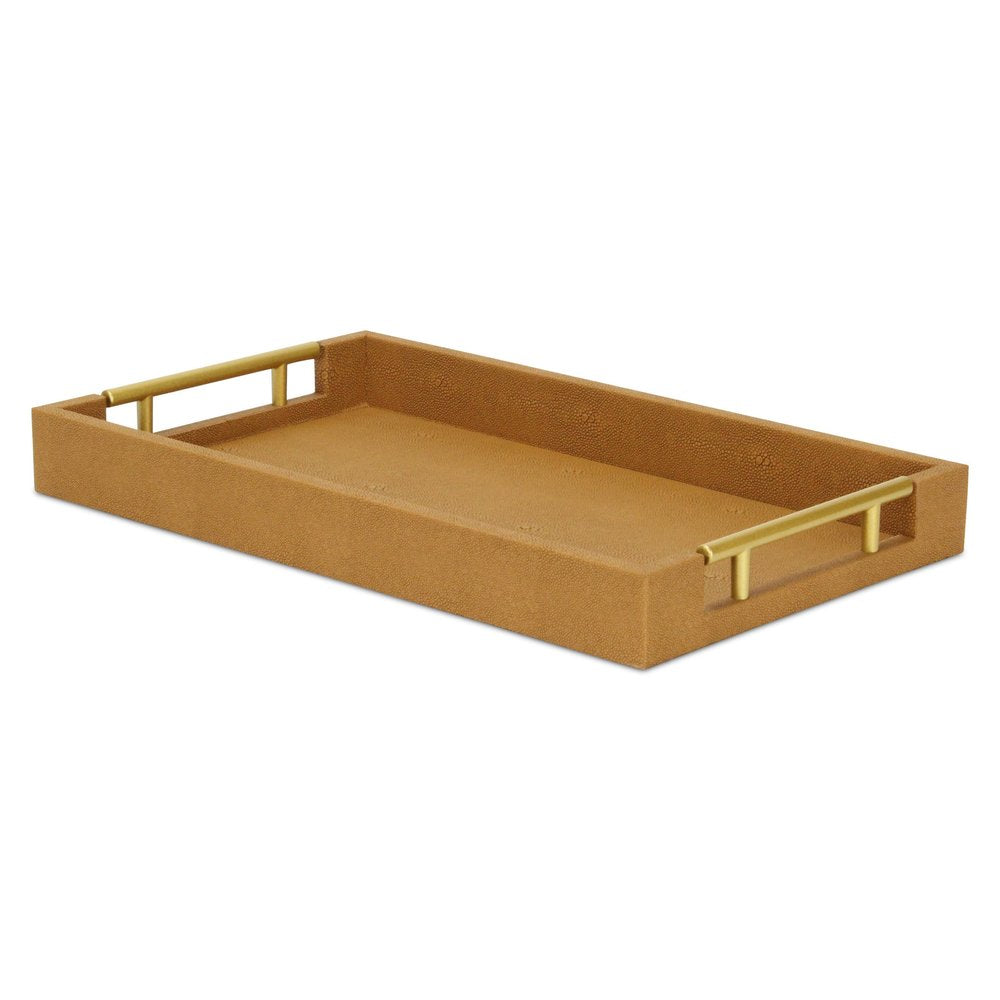 16" Camel Brown Wood Faux Shagreen Serving Tray With Handles