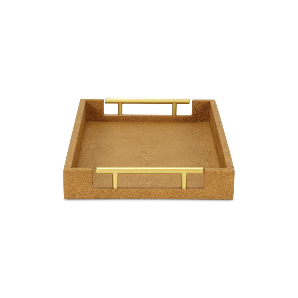 16" Camel Brown Wood Faux Shagreen Serving Tray With Handles