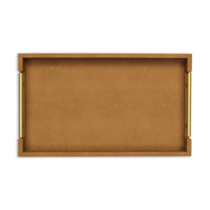 16" Camel Brown Wood Faux Shagreen Serving Tray With Handles