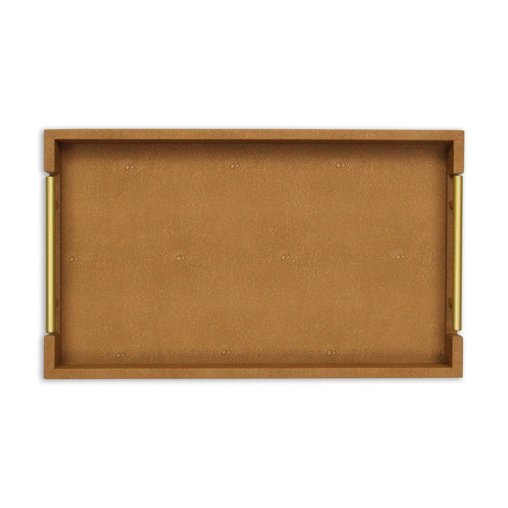 16" Camel Brown Wood Faux Shagreen Serving Tray With Handles