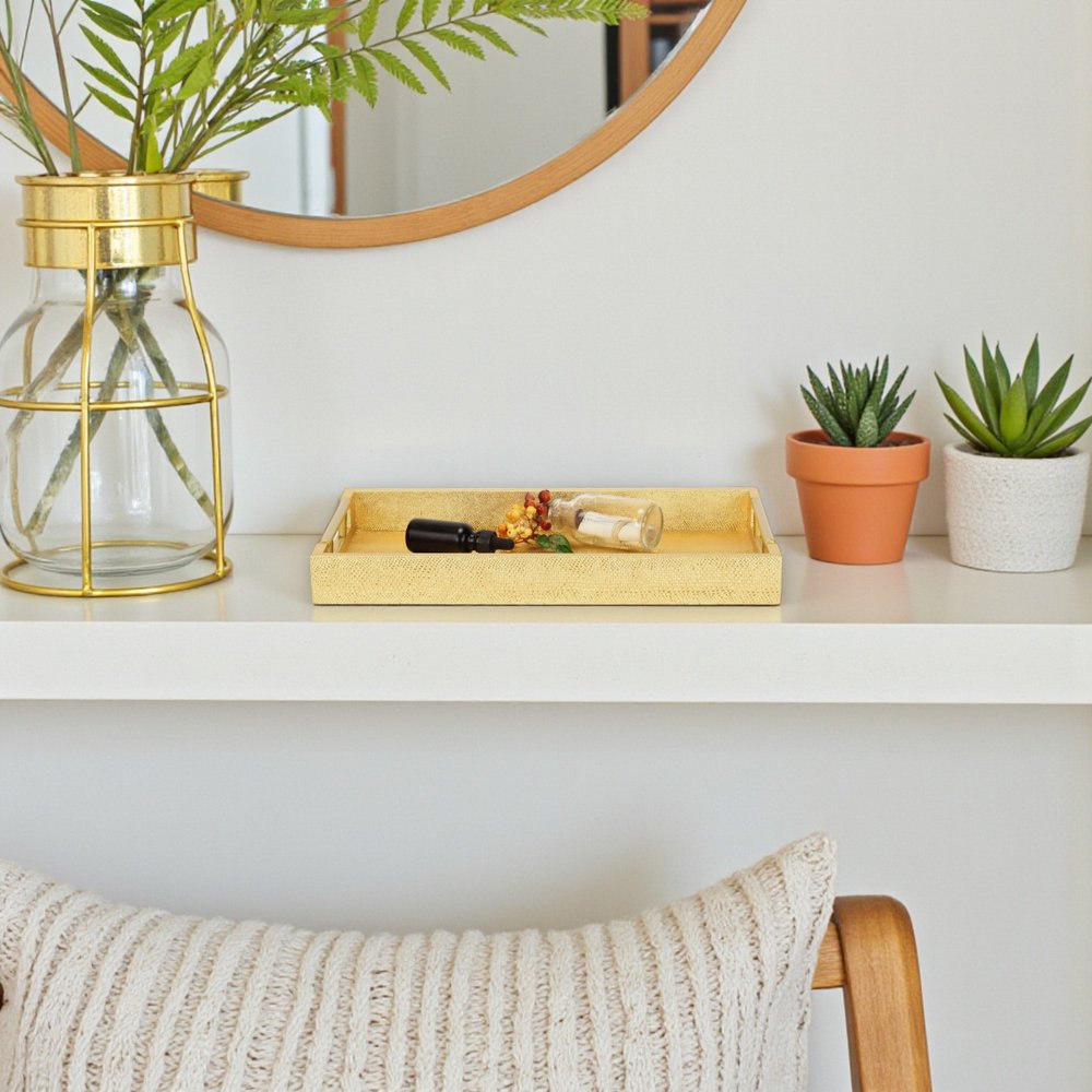 16" Gold Wood Geometric Serving Tray With Handles