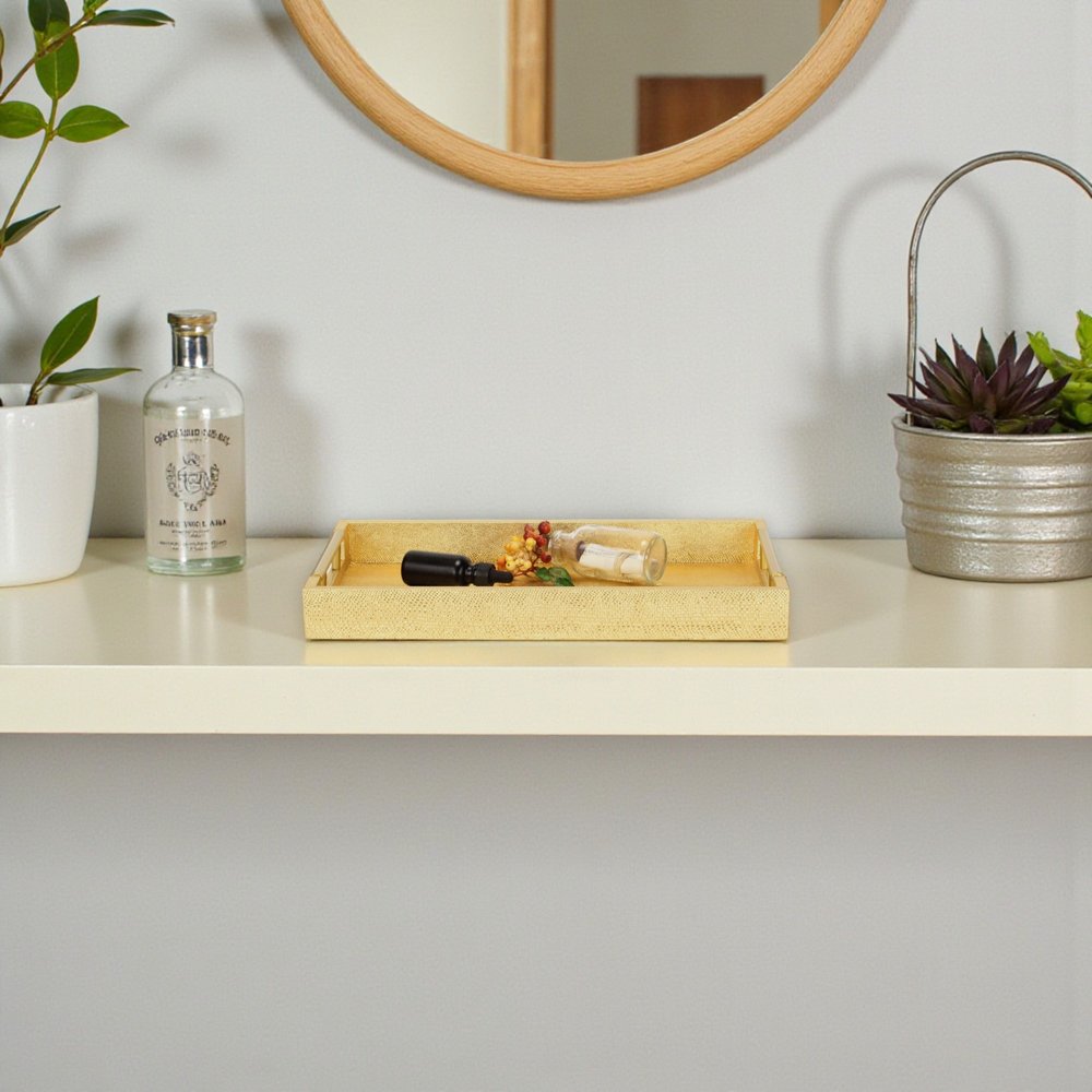 16" Gold Wood Geometric Serving Tray With Handles