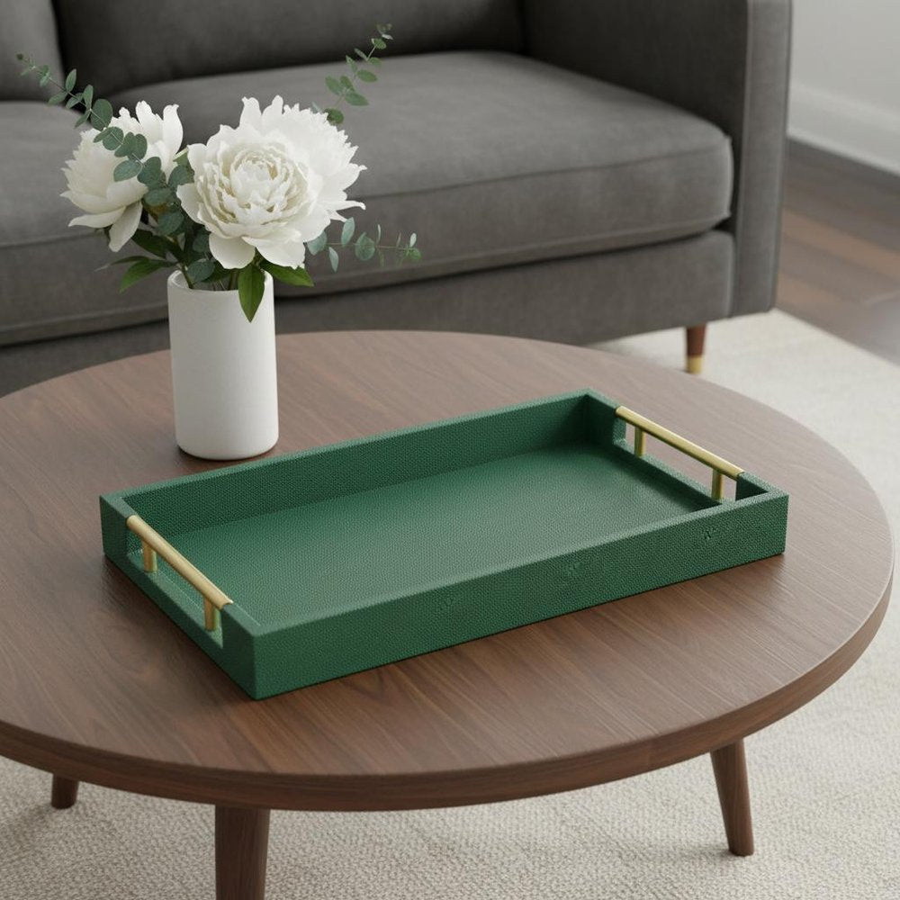 16" Green Wood Wood Faux Shagreen Serving Tray With Handles