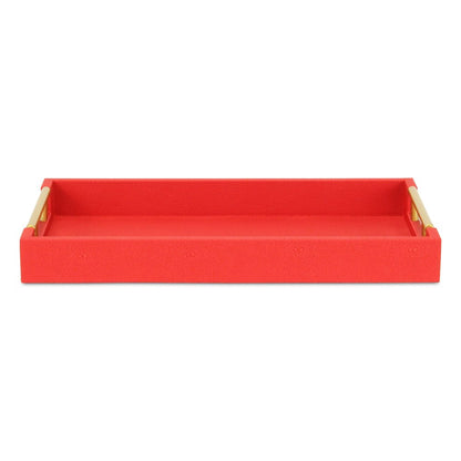 16" Red Wood and Vinyl Faux Shagreen Handmade Serving Tray With Handles