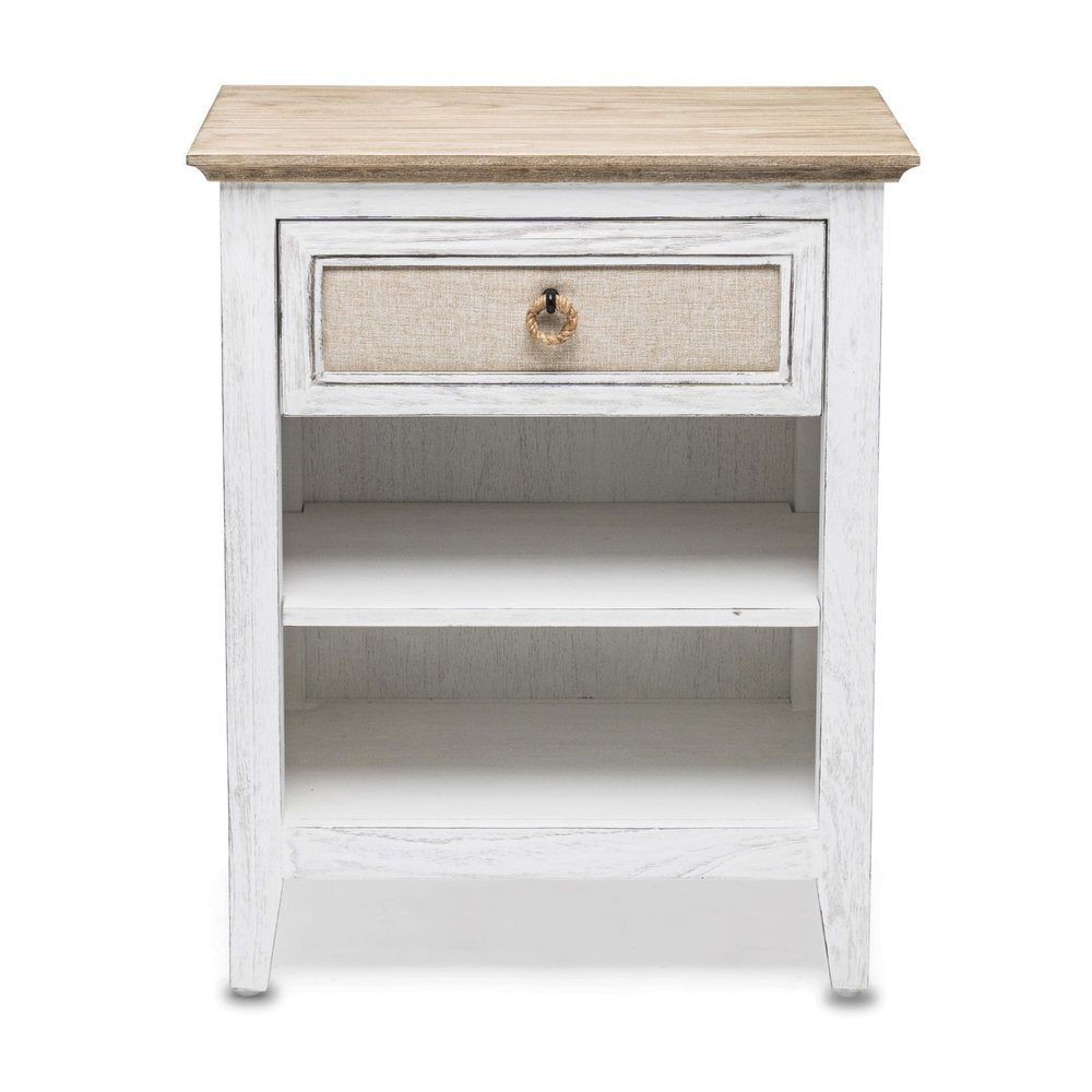 28" Natural And White Solid Wood Distressed One Drawer Nightstand With USB Port