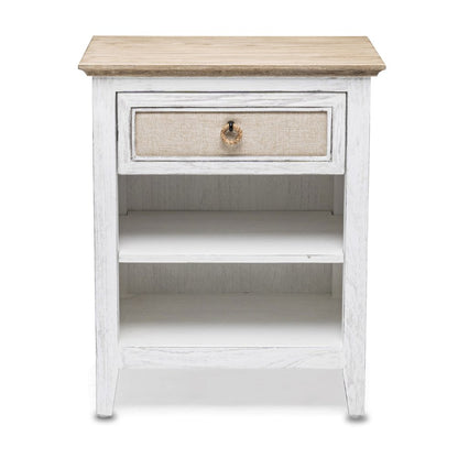 28" Natural And White Solid Wood Distressed One Drawer Nightstand With USB Port