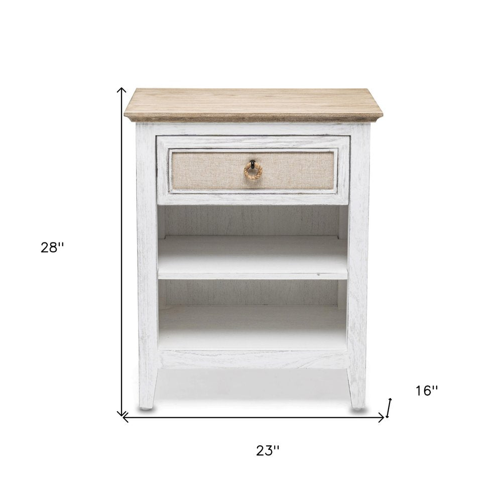 28" Natural And White Solid Wood Distressed One Drawer Nightstand With USB Port