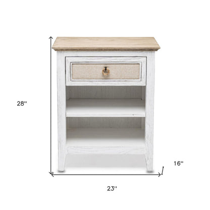 28" Natural And White Solid Wood Distressed One Drawer Nightstand With USB Port