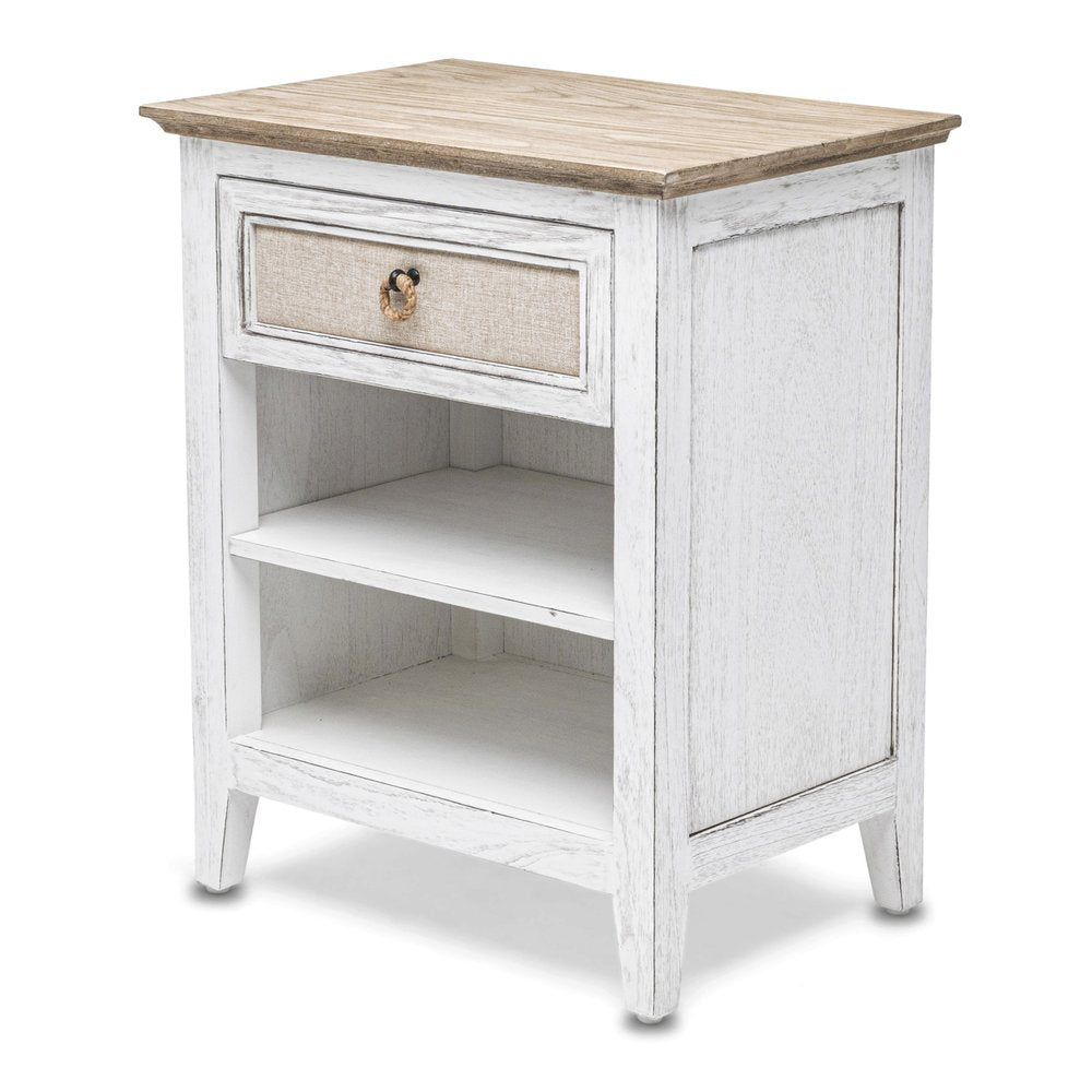 28" Natural And White Solid Wood Distressed One Drawer Nightstand With USB Port