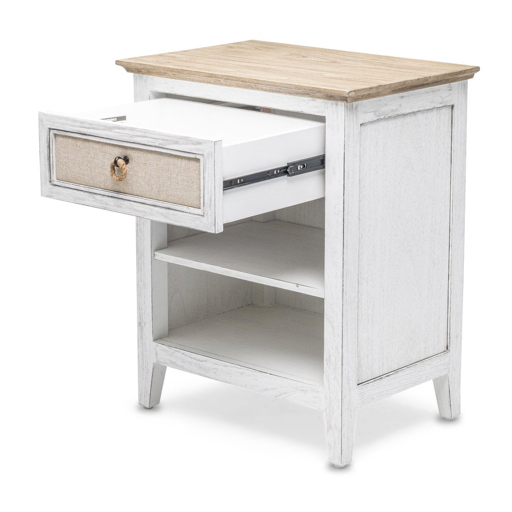 28" Natural And White Solid Wood Distressed One Drawer Nightstand With USB Port
