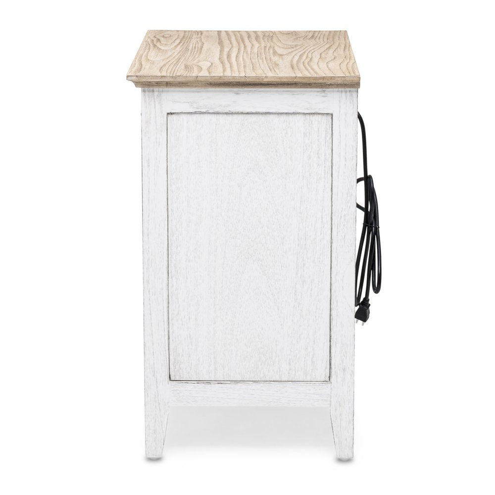 28" Natural And White Solid Wood Distressed One Drawer Nightstand With USB Port