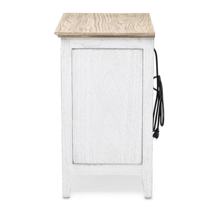 28" Natural And White Solid Wood Distressed One Drawer Nightstand With USB Port