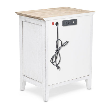 28" Natural And White Solid Wood Distressed One Drawer Nightstand With USB Port