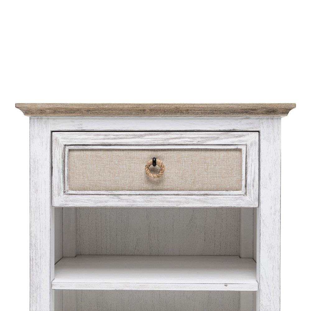 28" Natural And White Solid Wood Distressed One Drawer Nightstand With USB Port
