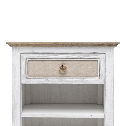 28" Natural And White Solid Wood Distressed One Drawer Nightstand With USB Port