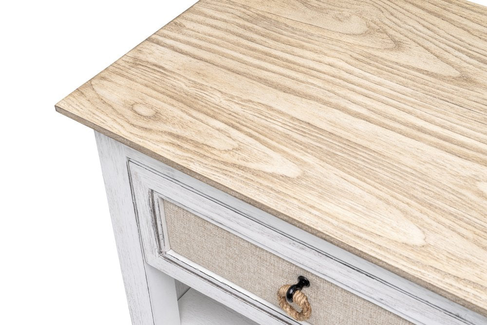 28" Natural And White Solid Wood Distressed One Drawer Nightstand With USB Port