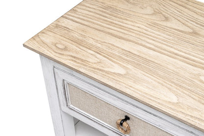 28" Natural And White Solid Wood Distressed One Drawer Nightstand With USB Port