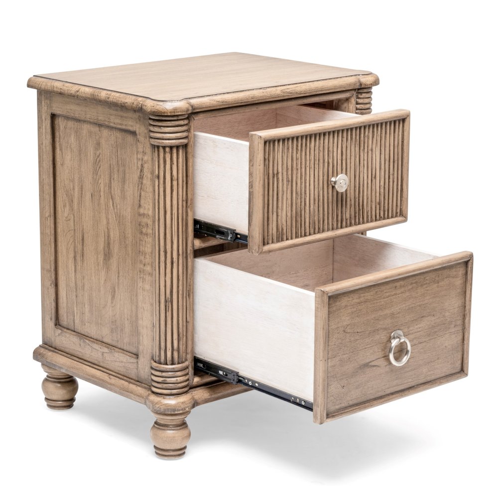 28" Natural Solid Wood and Wicker Ribbed Texture Two Drawer Nightstand With USB Port
