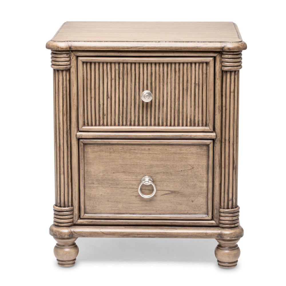 28" Natural Solid Wood and Wicker Ribbed Texture Two Drawer Nightstand With USB Port