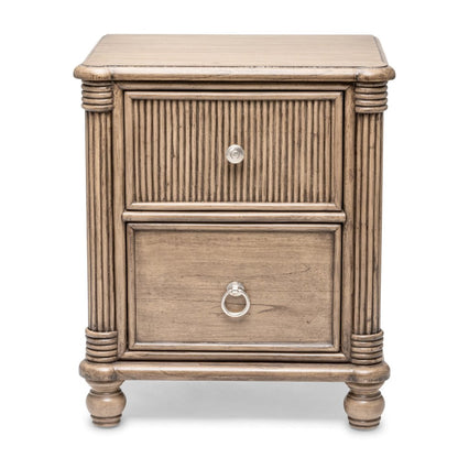 28" Natural Solid Wood and Wicker Ribbed Texture Two Drawer Nightstand With USB Port
