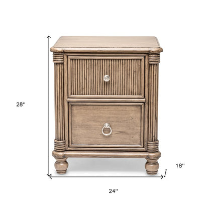 28" Natural Solid Wood and Wicker Ribbed Texture Two Drawer Nightstand With USB Port
