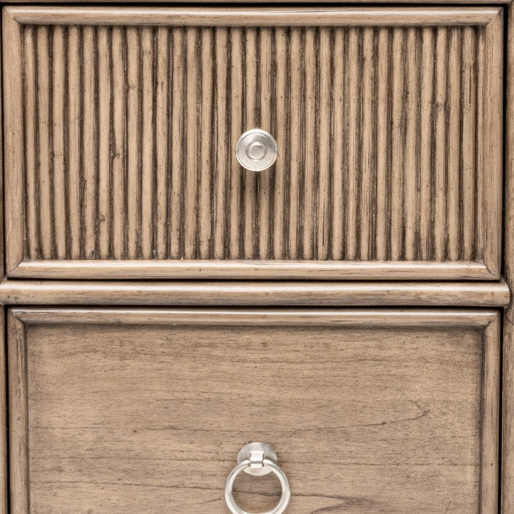 28" Natural Solid Wood and Wicker Ribbed Texture Two Drawer Nightstand With USB Port