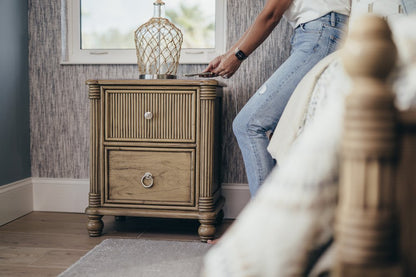 28" Natural Solid Wood and Wicker Ribbed Texture Two Drawer Nightstand With USB Port