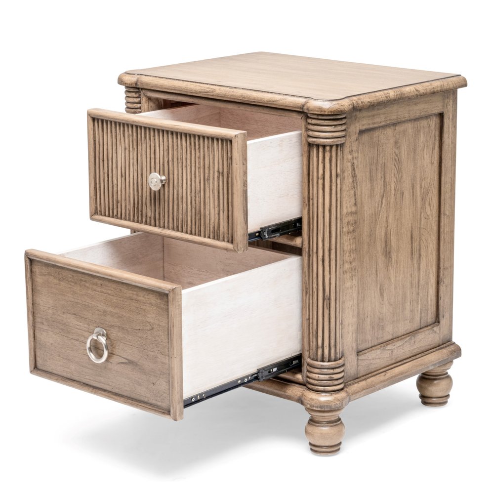 28" Natural Solid Wood and Wicker Ribbed Texture Two Drawer Nightstand With USB Port