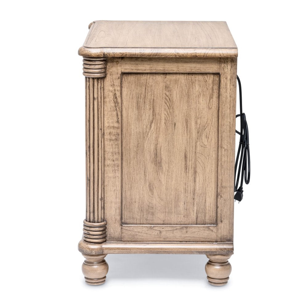 28" Natural Solid Wood and Wicker Ribbed Texture Two Drawer Nightstand With USB Port