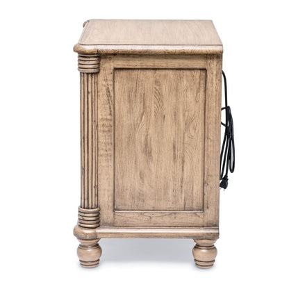 28" Natural Solid Wood and Wicker Ribbed Texture Two Drawer Nightstand With USB Port