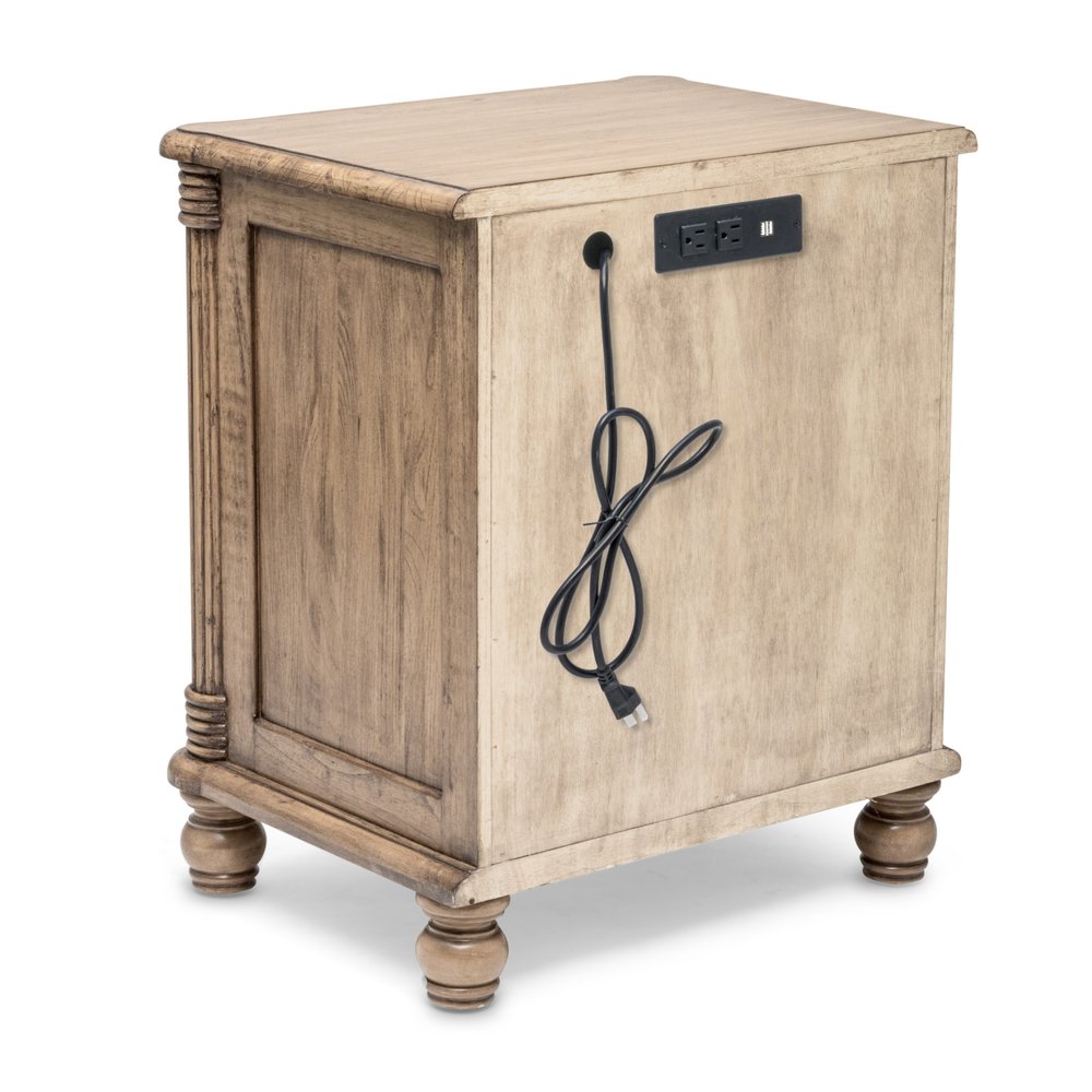 28" Natural Solid Wood and Wicker Ribbed Texture Two Drawer Nightstand With USB Port