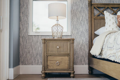 28" Natural Solid Wood and Wicker Ribbed Texture Two Drawer Nightstand With USB Port