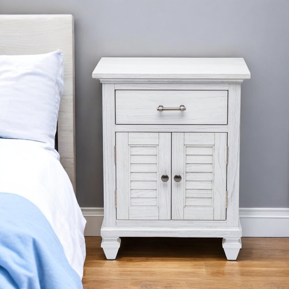 28" White Solid Wood Distressed Plantation Shutter One Drawer Nightstand With USB Port