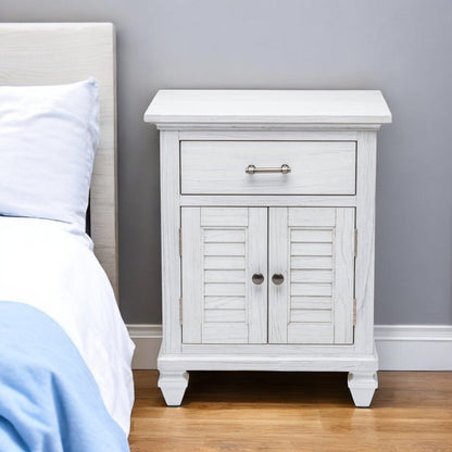 28" White Solid Wood Distressed Plantation Shutter One Drawer Nightstand With USB Port