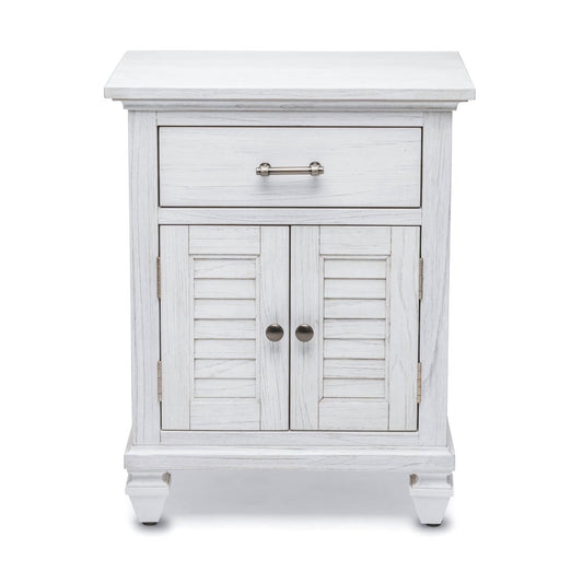 28" White Solid Wood Distressed Plantation Shutter One Drawer Nightstand With USB Port
