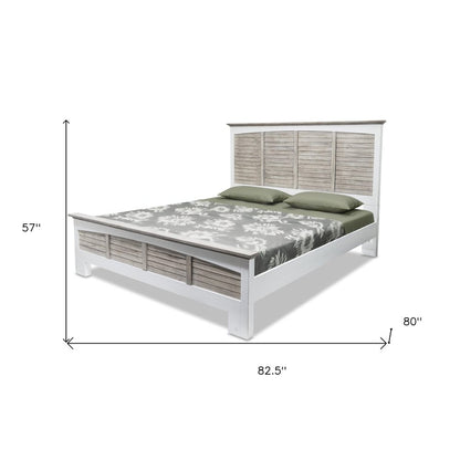 Gray Carved Geometric Distressed Solid Wood King Bed Frame