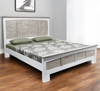 Gray Carved Geometric Distressed Solid Wood King Bed Frame