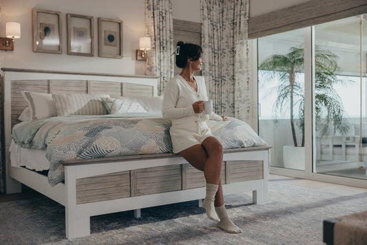 Gray Carved Geometric Distressed Solid Wood King Bed Frame