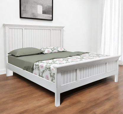 White Carved Geometric Distressed Solid Wood Queen Bed Frame