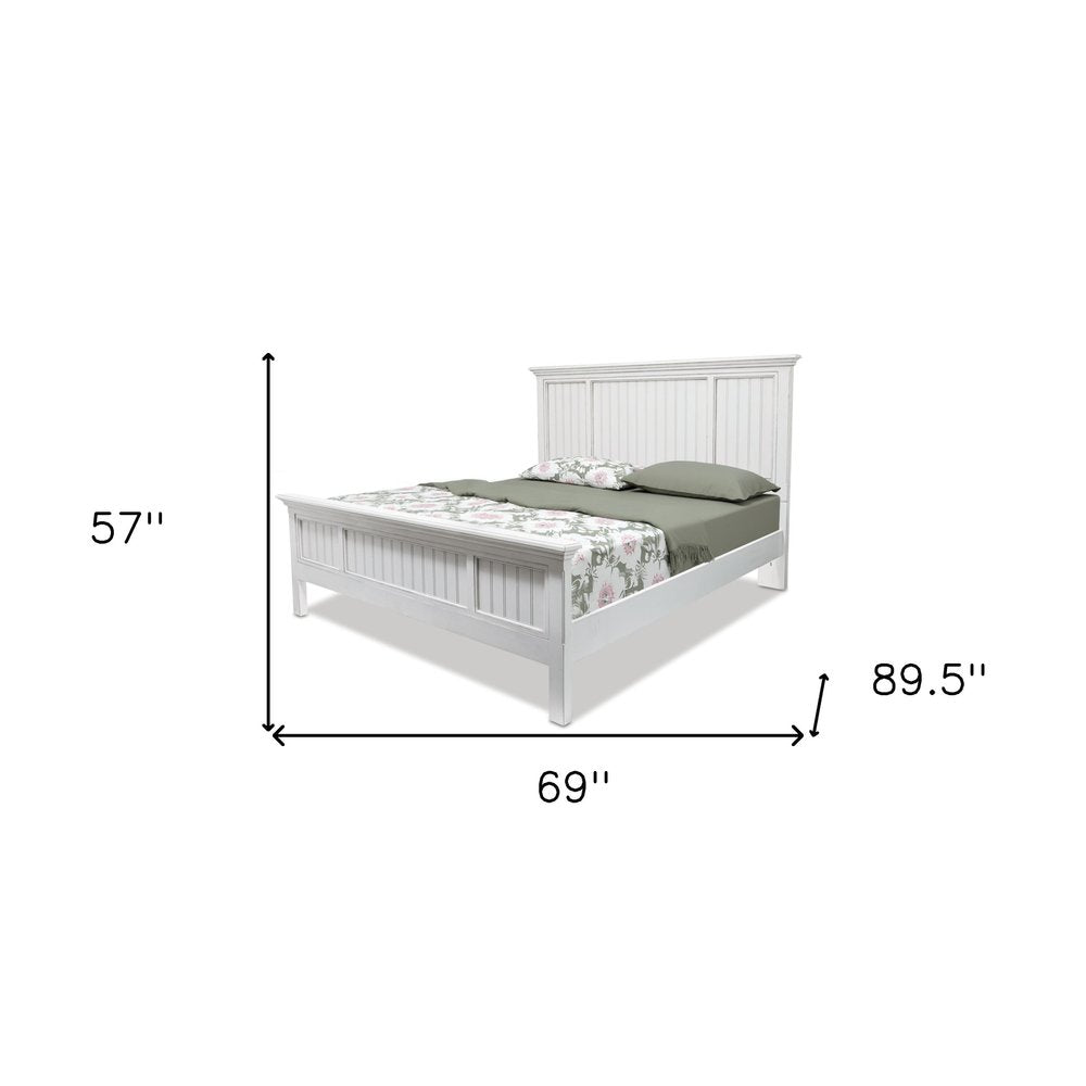 White Carved Geometric Distressed Solid Wood Queen Bed Frame