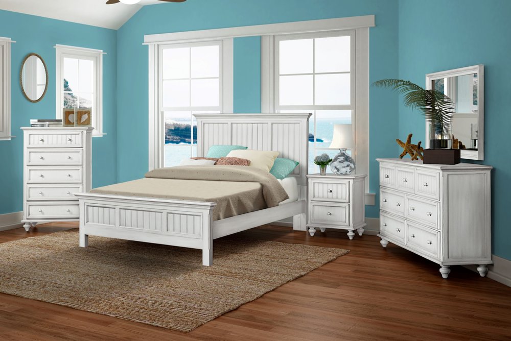 White Carved Geometric Distressed Solid Wood Queen Bed Frame