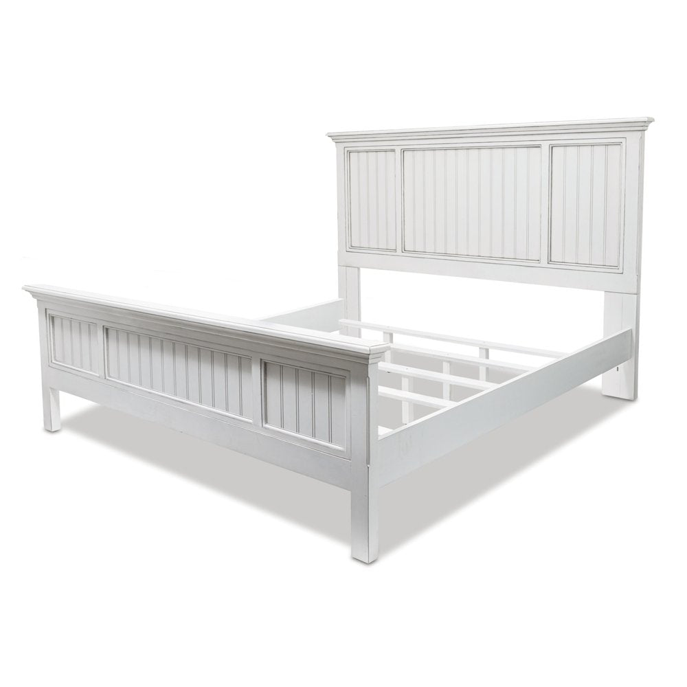 White Carved Geometric Distressed Solid Wood Queen Bed Frame