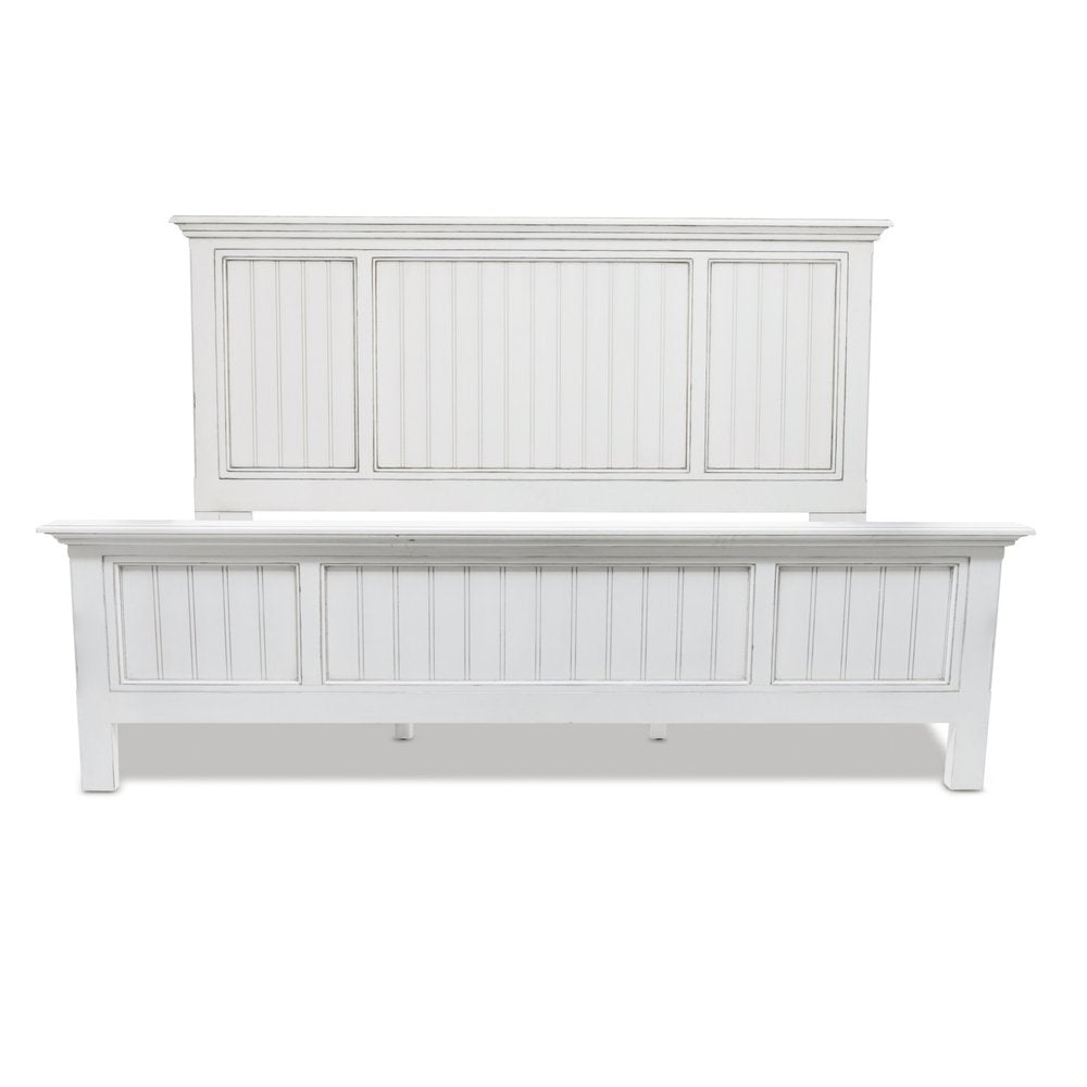 White Carved Geometric Distressed Solid Wood Queen Bed Frame