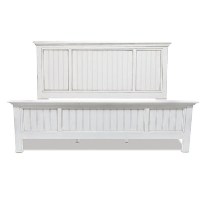 White Carved Geometric Distressed Solid Wood Queen Bed Frame