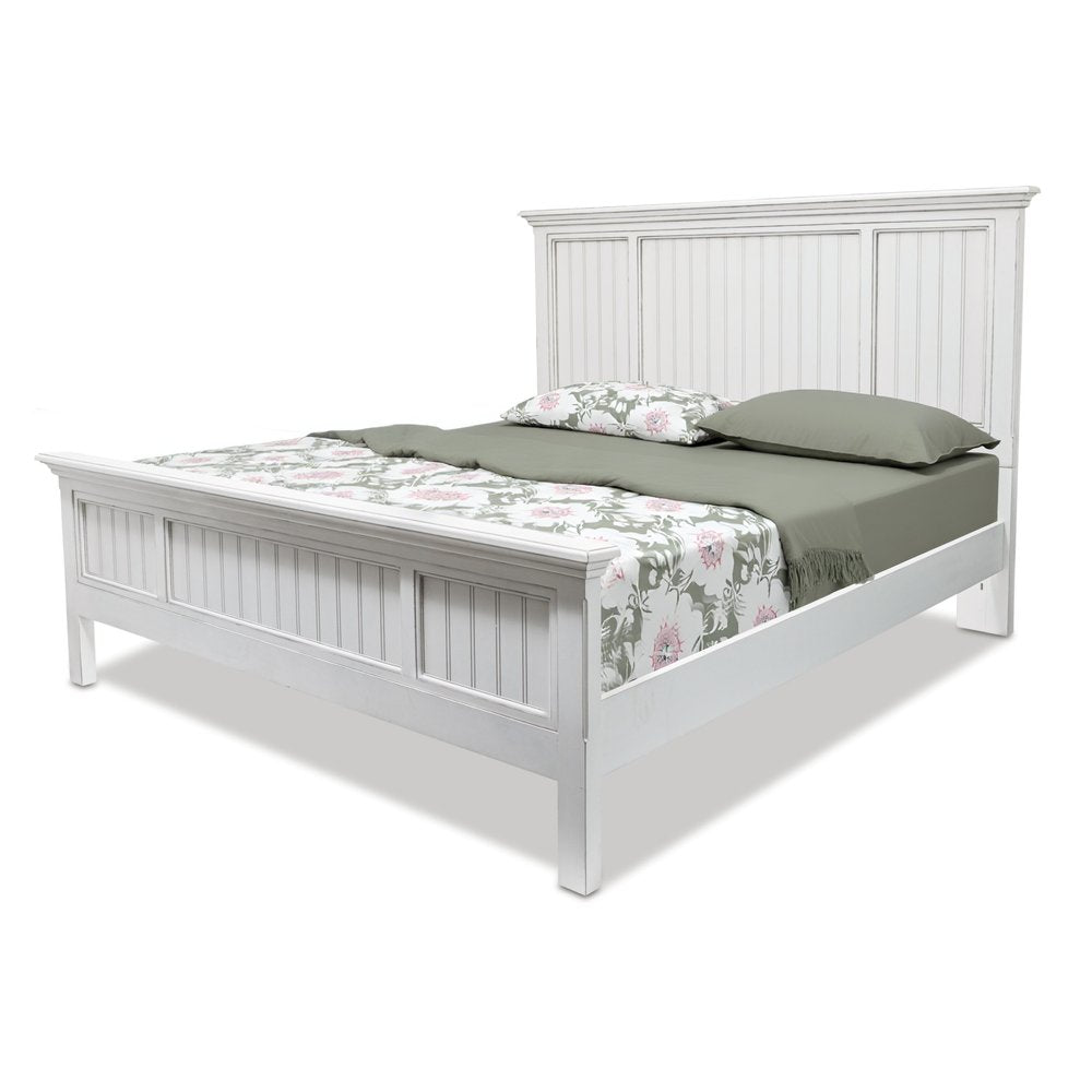 White Carved Geometric Distressed Solid Wood Queen Bed Frame