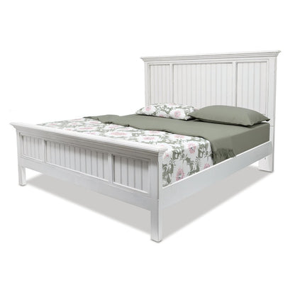 White Carved Geometric Distressed Solid Wood Queen Bed Frame